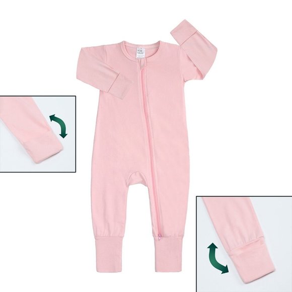 NWT*BABY ROMPER Long Sleeve Pink Cotton Mitted Footed Double Zip Bodysuit Girl - Picture 1 of 16